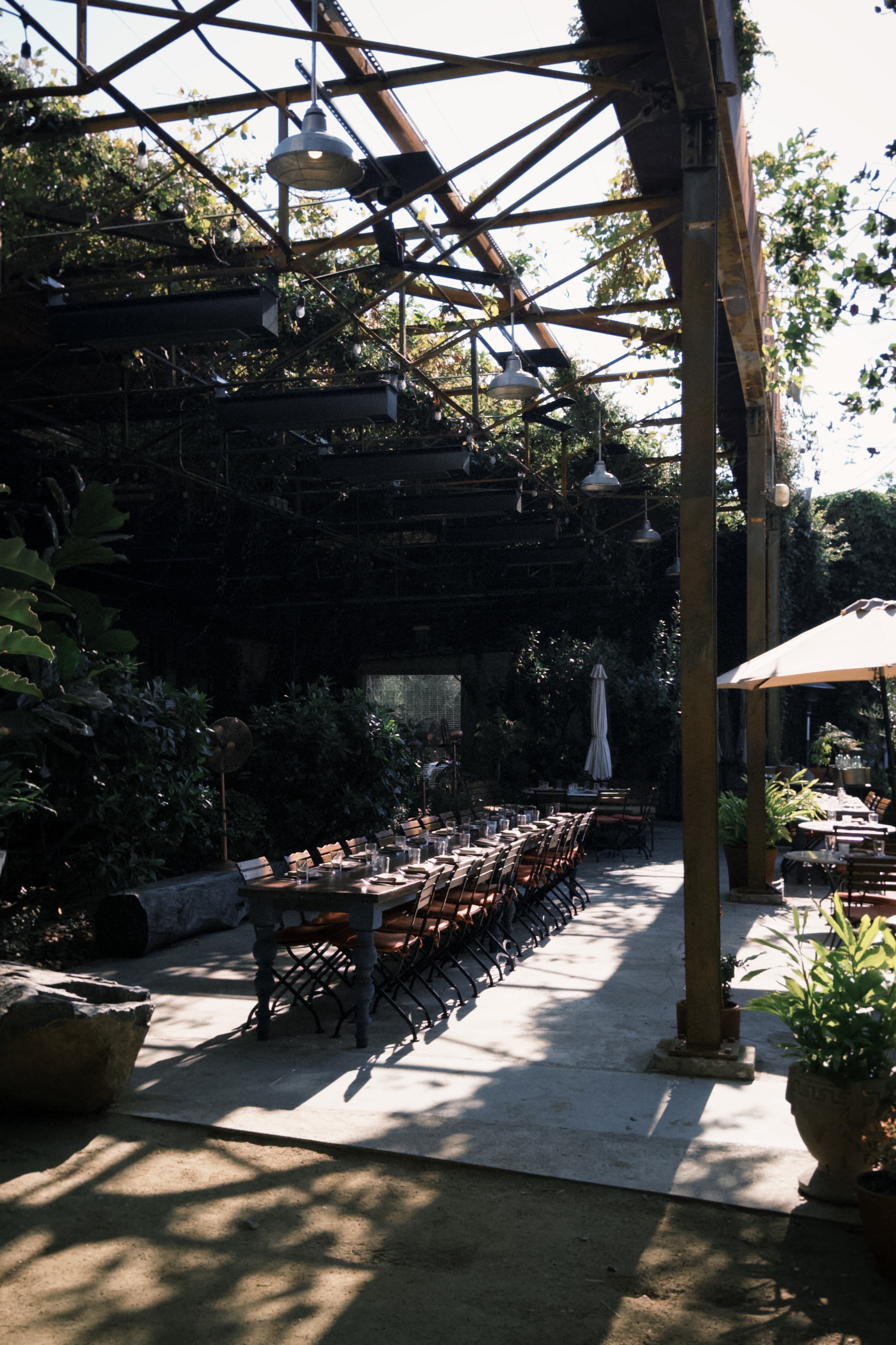 A long dining table beneath an open, plant-filled restaurant canopy